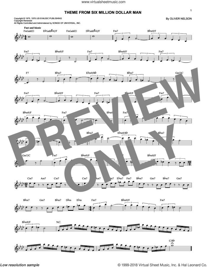 Theme From Six Million Dollar Man sheet music for voice and other instruments (fake book) by Oliver Nelson, intermediate skill level