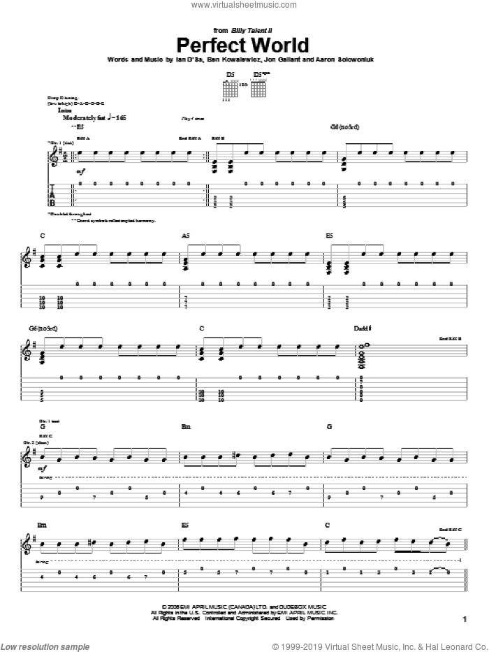 Perfect World sheet music for guitar (tablature) by Billy Talent, Aaron Solowoniuk, Ben Kowalewicz and Jon Gallant, intermediate skill level