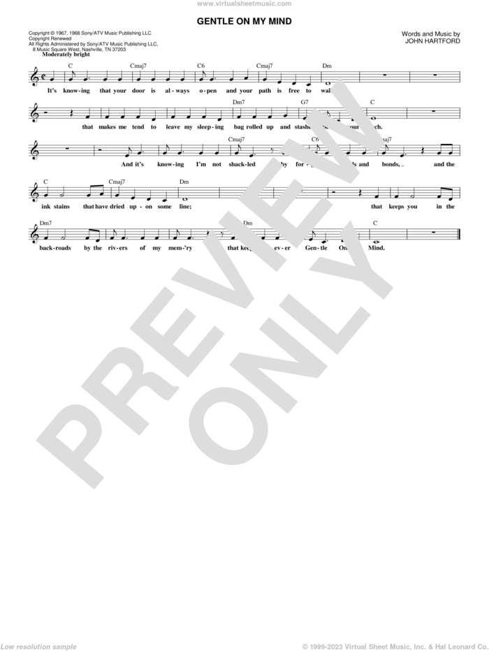 Gentle On My Mind sheet music for voice and other instruments (fake book) by Glen Campbell and John Hartford, intermediate skill level