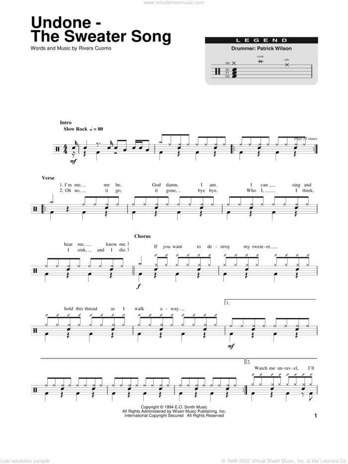 Undone - The Sweater Song sheet music for drums by Weezer and Rivers Cuomo, intermediate skill level