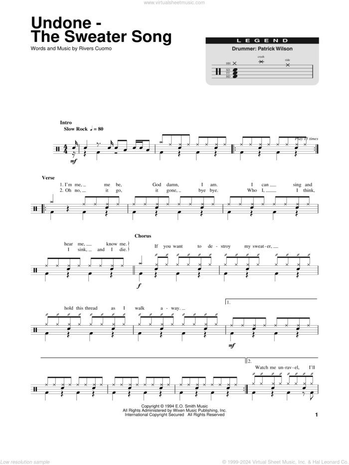 Undone - The Sweater Song sheet music for drums by Weezer and Rivers Cuomo, intermediate skill level