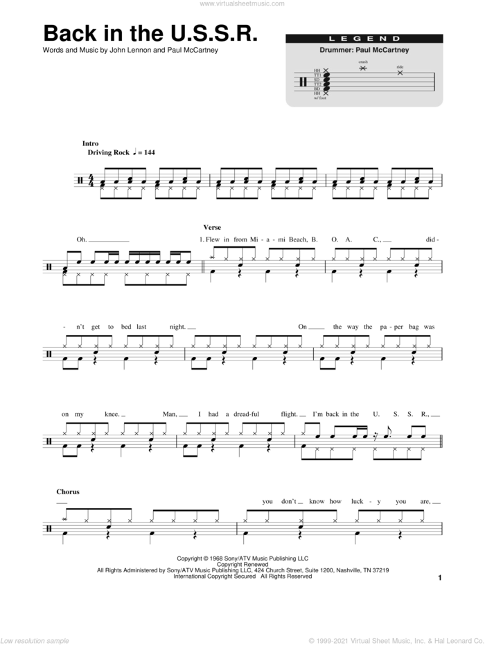 Back In The U.S.S.R. sheet music for drums by The Beatles, Chubby Checker, John Lennon and Paul McCartney, intermediate skill level
