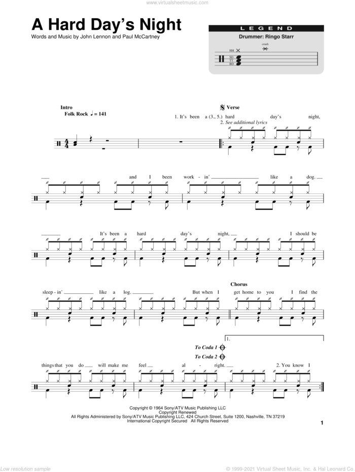 A Hard Day's Night sheet music for drums by The Beatles, John Lennon and Paul McCartney, intermediate skill level
