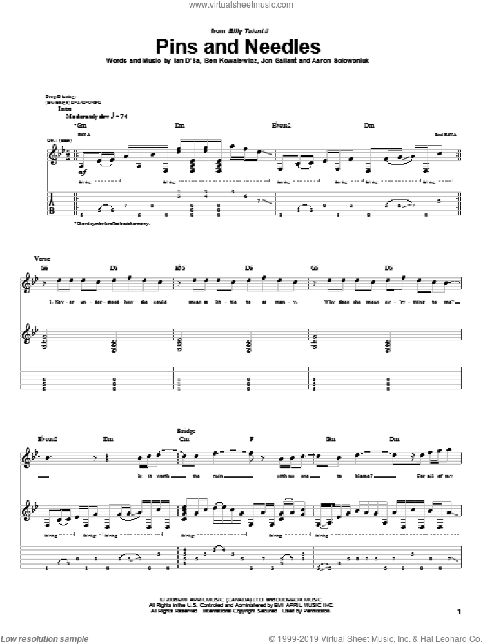 Pins And Needles sheet music for guitar (tablature) by Billy Talent, Aaron Solowoniuk, Ben Kowalewicz and Jon Gallant, intermediate skill level