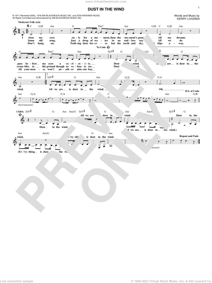Dust In The Wind sheet music for voice and other instruments (fake book) by Kansas and Kerry Livgren, intermediate skill level