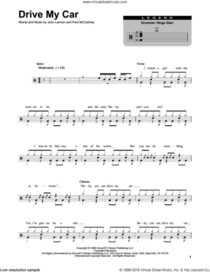 Drive My Car sheet music for drums by The Beatles, John Lennon and Paul McCartney, intermediate skill level