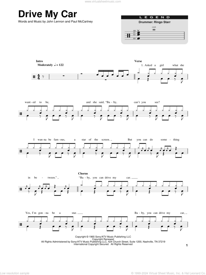 Drive My Car sheet music for drums by The Beatles, John Lennon and Paul McCartney, intermediate skill level