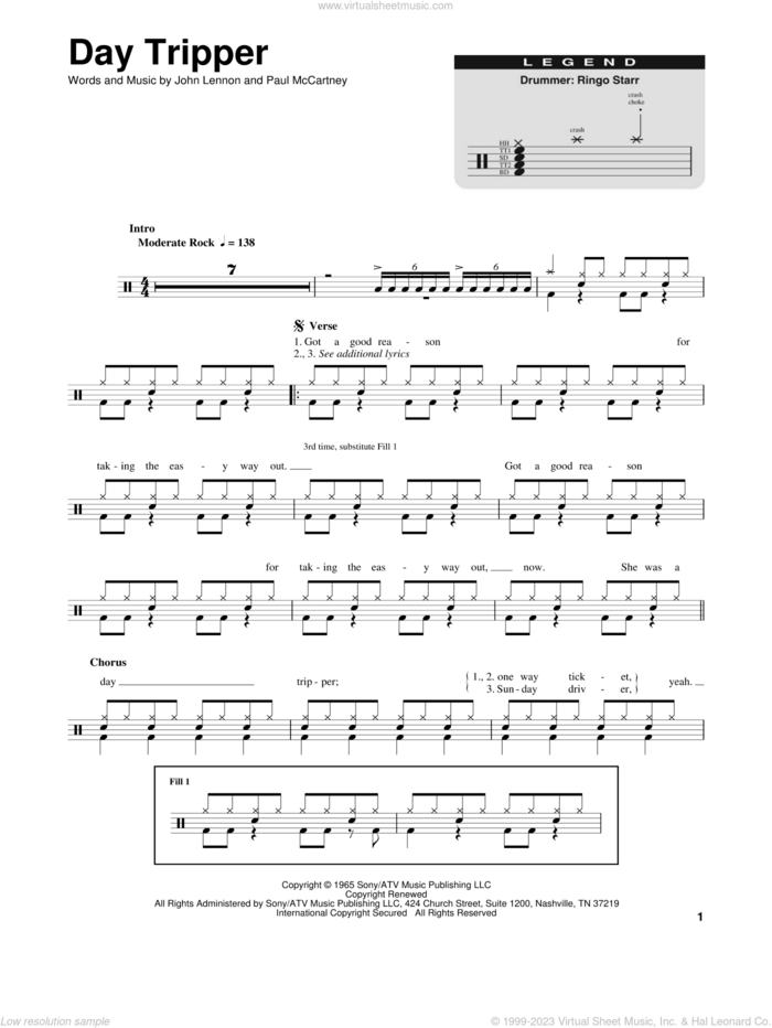 Day Tripper sheet music for drums by The Beatles, John Lennon and Paul McCartney, intermediate skill level