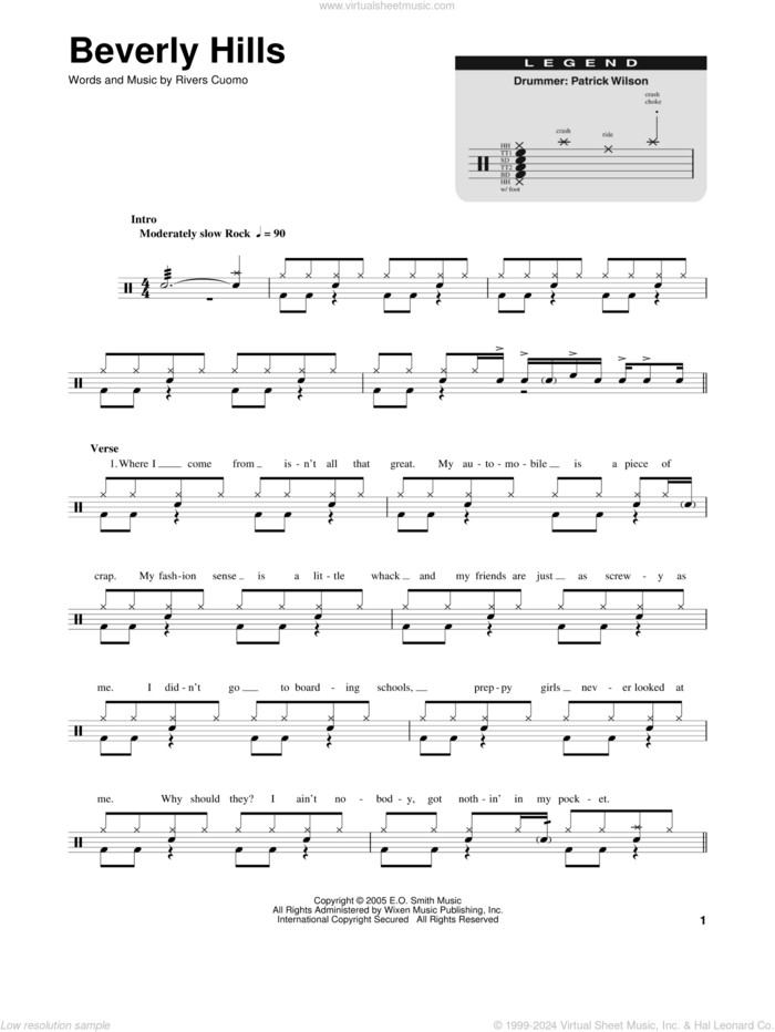 Beverly Hills sheet music for drums by Weezer and Rivers Cuomo, intermediate skill level