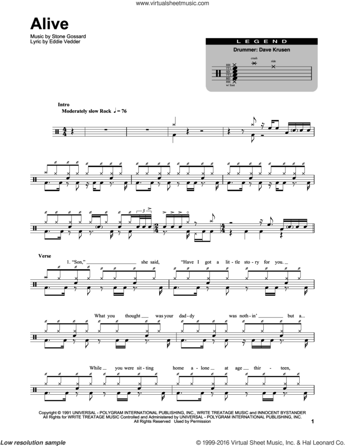 Alive sheet music for drums by Pearl Jam, Eddie Vedder and Stone Gossard, intermediate skill level