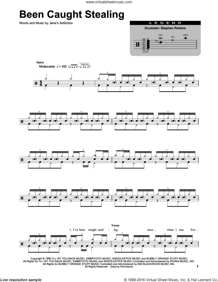 Been Caught Stealing sheet music for drums by Jane's Addiction, intermediate skill level
