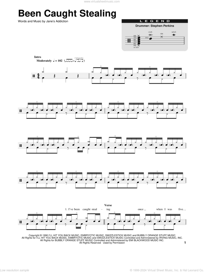 Been Caught Stealing sheet music for drums by Jane's Addiction, intermediate skill level