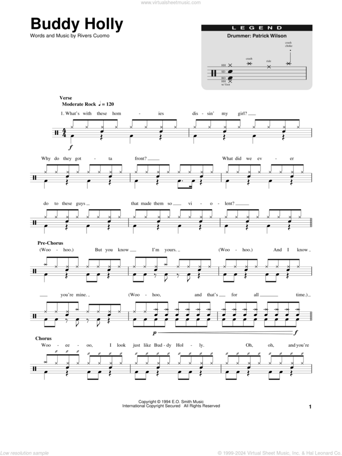 Buddy Holly sheet music for drums by Weezer and Rivers Cuomo, intermediate skill level