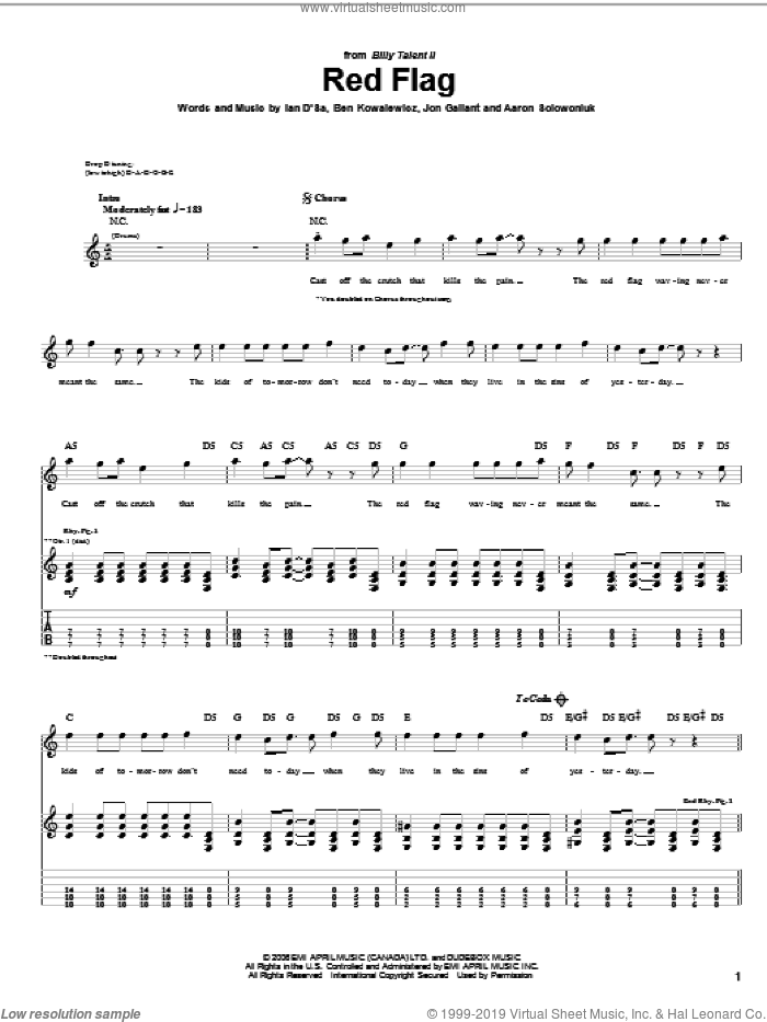 Red Flag sheet music for guitar (tablature) by Billy Talent, Aaron Solowoniuk, Ben Kowalewicz and Jon Gallant, intermediate skill level
