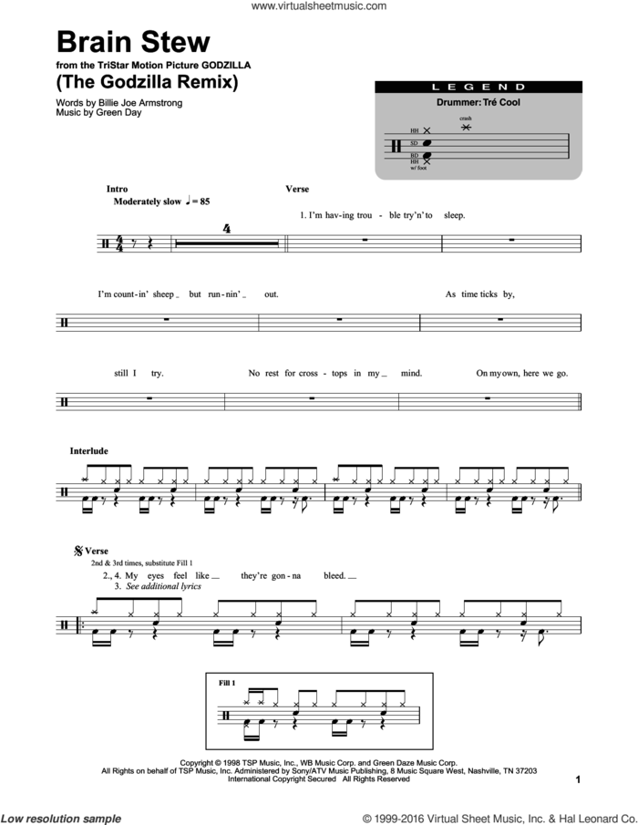 Brain Stew (The Godzilla Remix) sheet music for drums by Green Day and Billie Joe Armstrong, intermediate skill level