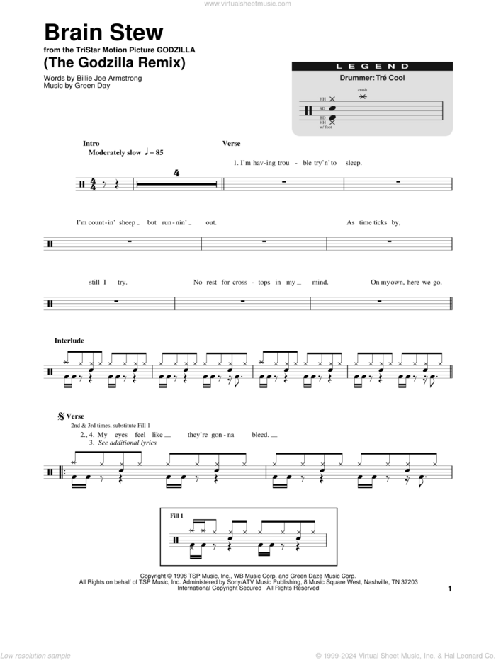 Brain Stew (The Godzilla Remix) sheet music for drums by Green Day and Billie Joe Armstrong, intermediate skill level