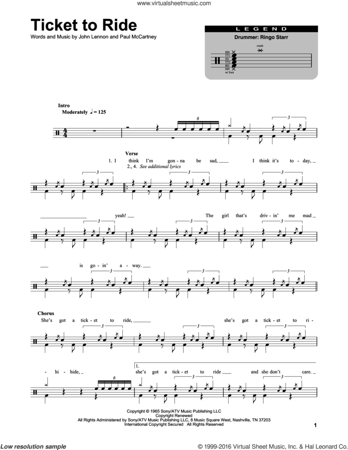 Ticket To Ride sheet music for drums by The Beatles, John Lennon and Paul McCartney, intermediate skill level