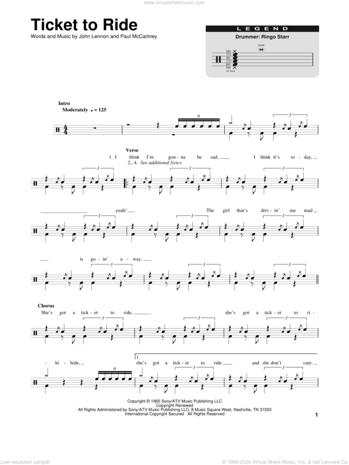 Ticket To Ride sheet music for drums by The Beatles, John Lennon and Paul McCartney, intermediate skill level