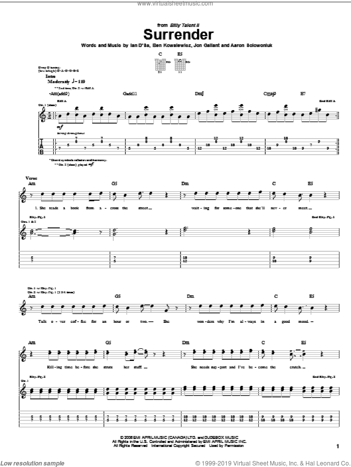Surrender sheet music for guitar (tablature) by Billy Talent, Aaron Solowoniuk, Ben Kowalewicz and Jon Gallant, intermediate skill level