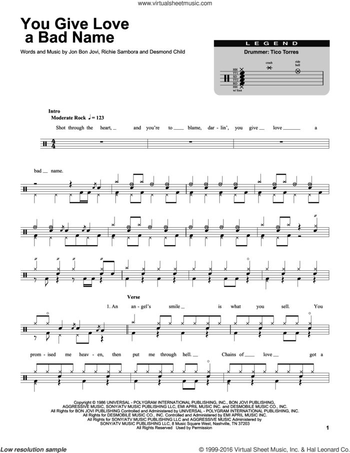 You Give Love A Bad Name sheet music for drums by Bon Jovi, Blake Lewis, Desmond Child and Richie Sambora, intermediate skill level