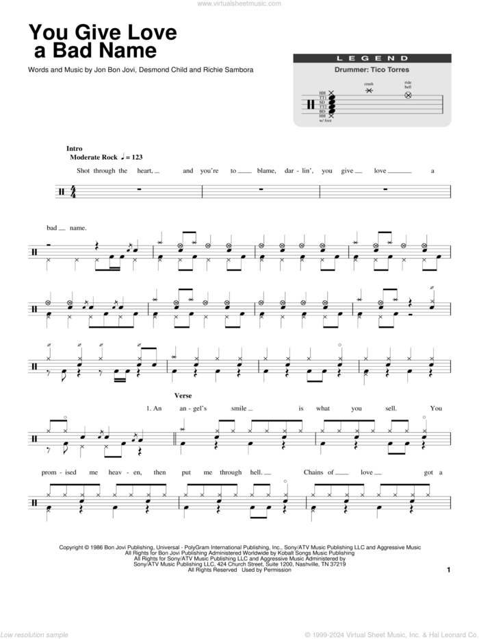 You Give Love A Bad Name sheet music for drums by Bon Jovi, Blake Lewis, Desmond Child and Richie Sambora, intermediate skill level