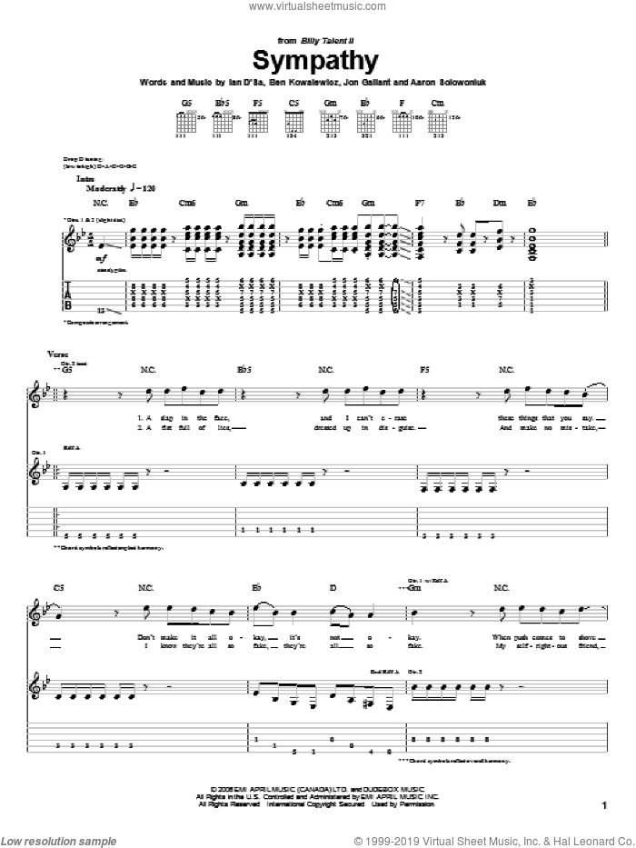 Sympathy sheet music for guitar (tablature) by Billy Talent, Aaron Solowoniuk, Ben Kowalewicz and Jon Gallant, intermediate skill level