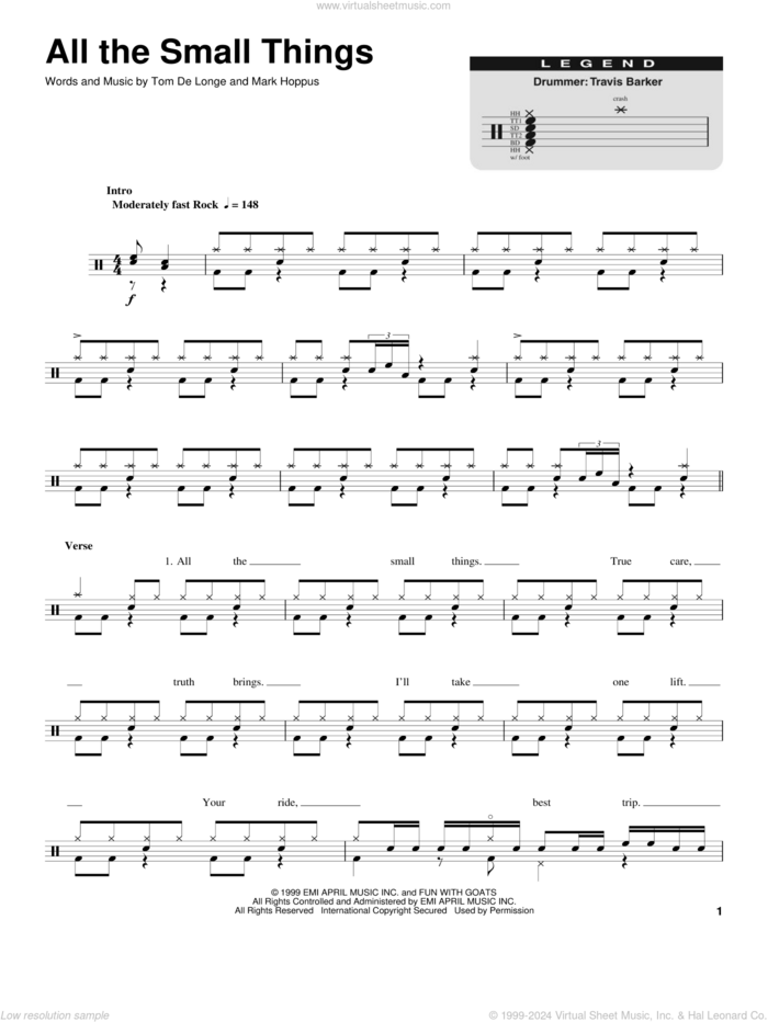 All The Small Things sheet music for drums by Blink 182, Mark Hoppus, Tom DeLonge and Travis Barker, intermediate skill level