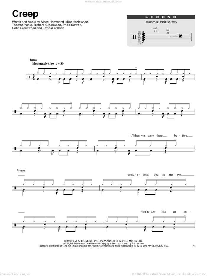 Creep sheet music for drums by Radiohead, Albert Hammond, Colin Greenwood, Jonathan Greenwood, Michael Hazlewood, Philip Selway and Thom Yorke, classical score, intermediate skill level