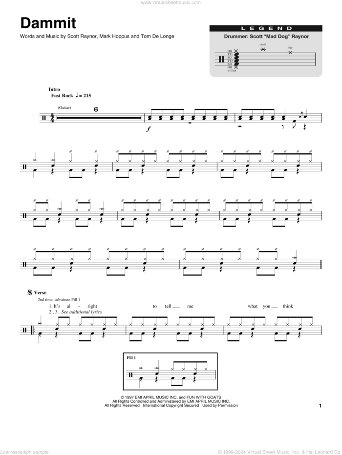 Dammit sheet music for drums by Blink 182, Mark Hoppus, Scott Raynor and Tom DeLonge, intermediate skill level