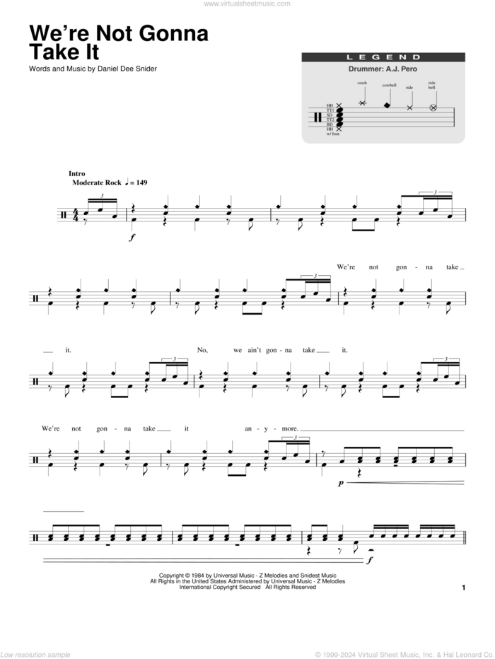 We're Not Gonna Take It sheet music for drums by Twisted Sister and Dee Snider, intermediate skill level