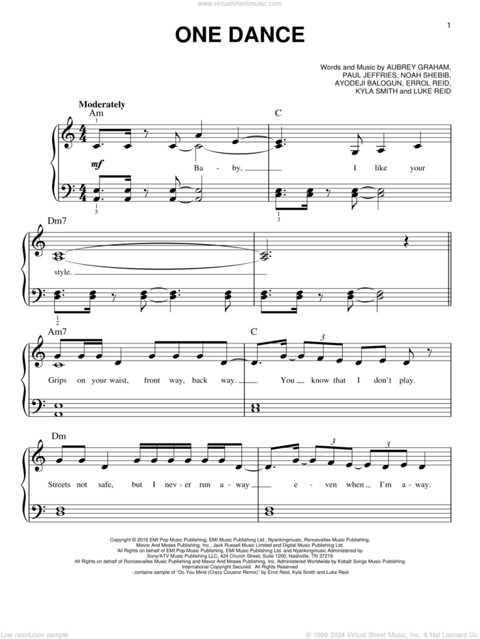 One Dance sheet music for piano solo by Drake, Aubrey Graham, Ayodeji Balogun, Errol Reid, Kyla Smith, Luke Reid, Noah Shebib and Paul Jeffries, easy skill level