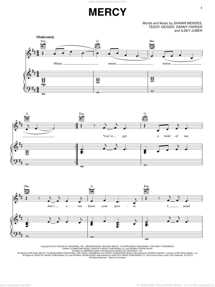 Mercy sheet music for voice, piano or guitar by Shawn Mendes, Danny Parker, Isley Juber and Teddy Geiger, intermediate skill level