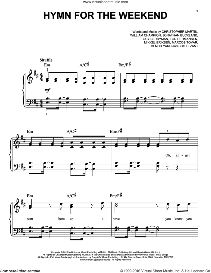 Hymn For The Weekend sheet music for piano solo by Coldplay, Christopher Martin, Guy Berryman, Jonathan Buckland, Marcos Tovar, Mikkel Eriksen, Scott Zant, Tor Erik Hermansen, Venar Yard and William Champion, easy skill level