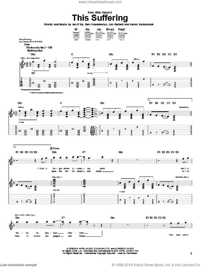 This Suffering sheet music for guitar (tablature) by Billy Talent, Aaron Solowoniuk, Ben Kowalewicz and Jon Gallant, intermediate skill level