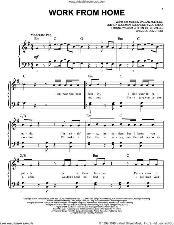 Work From Home sheet music for piano solo by Fifth Harmony feat. Ty Dolla $ign, Alexander Izquierdo, Brian Lee, Claire Demorest, Dallas Koehlke, Joshua Coleman, Jude Demorest and Tyrone William Griffin Jr., easy skill level