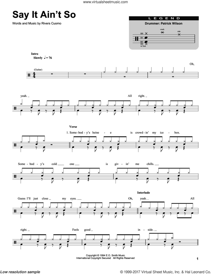 Say It Ain't So sheet music for drums by Weezer and Rivers Cuomo, intermediate skill level