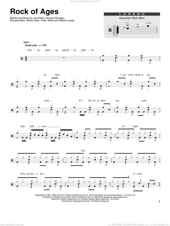 Rock Of Ages sheet music for drums by Def Leppard, Joe Elliott, Peter Willis, Richard Allen, Richard Savage, Robert John Lange and Steve Clark, intermediate skill level