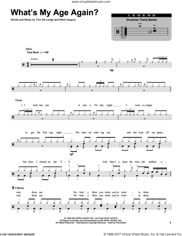 What's My Age Again? sheet music for drums by Blink 182, Mark Hoppus and Tom DeLonge, intermediate skill level