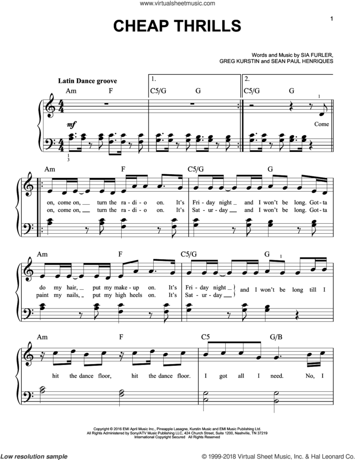 Cheap Thrills (feat. Sean Paul) sheet music for piano solo by Sia, Sean Paul, Sia feat. Sean Paul, Greg Kurstin and Sean Paul Henriques, easy skill level