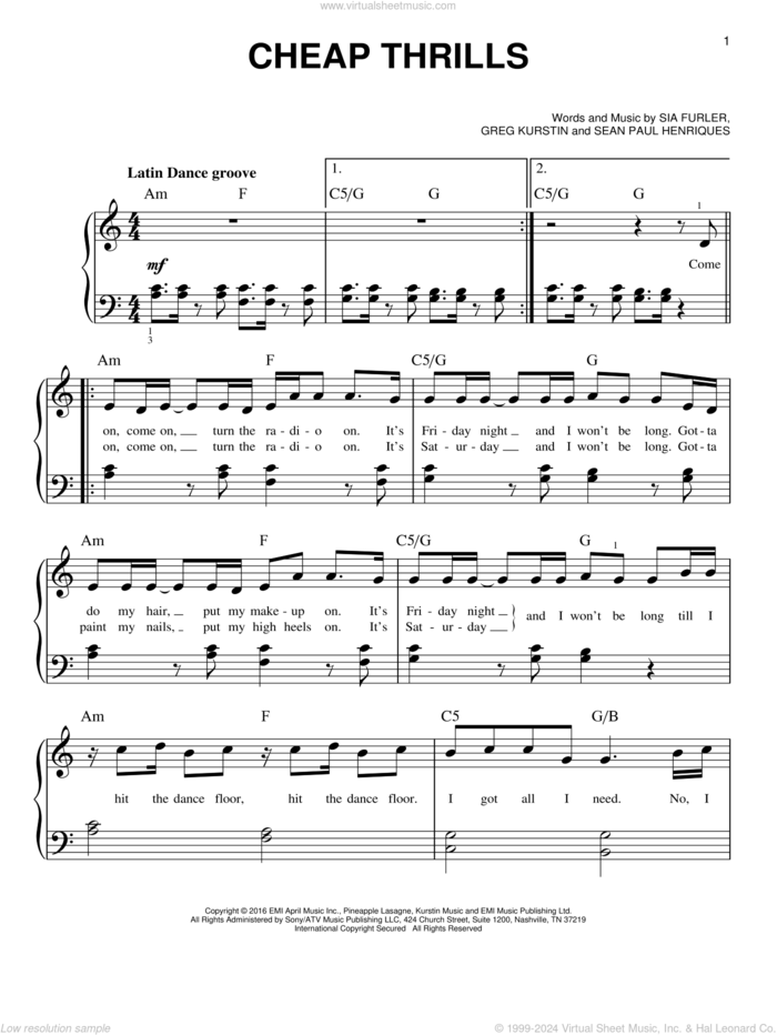 Cheap Thrills (feat. Sean Paul) sheet music for piano solo by Sia, Sean Paul, Sia feat. Sean Paul, Greg Kurstin and Sean Paul Henriques, easy skill level