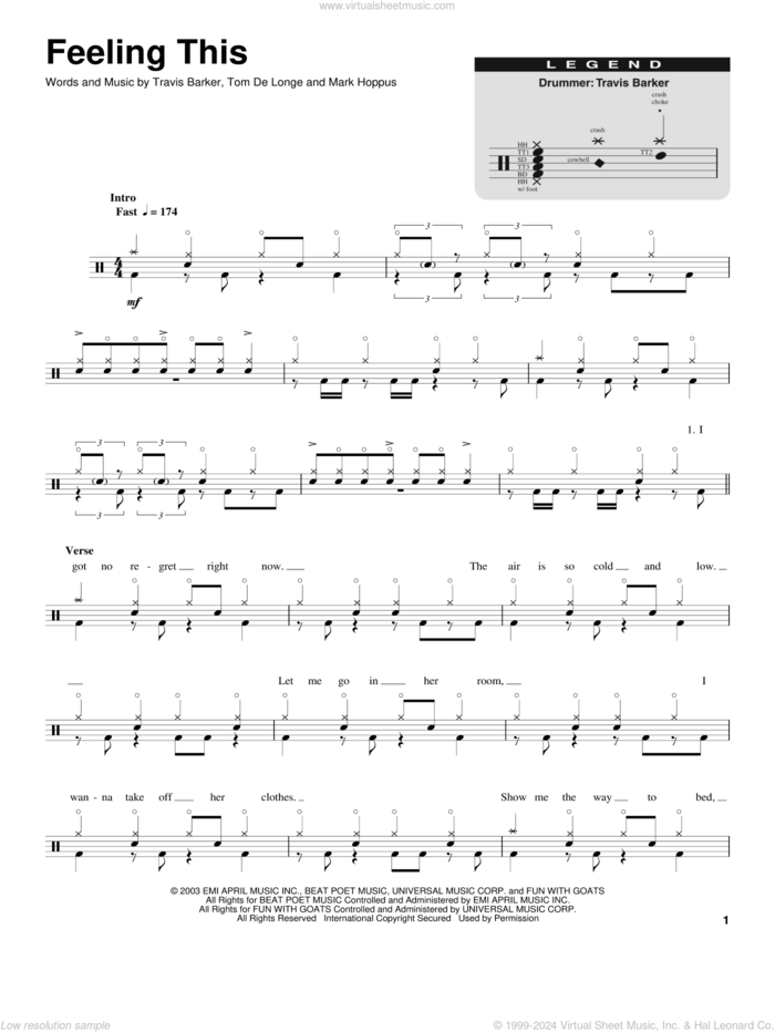 Feeling This sheet music for drums by Blink 182, Mark Hoppus, Tom DeLonge and Travis Barker, intermediate skill level