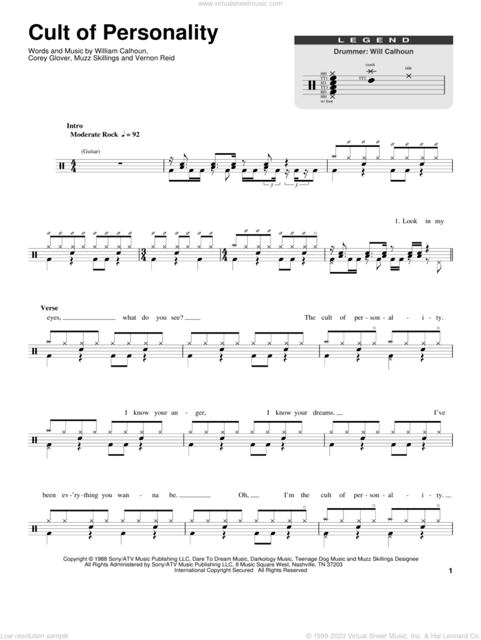 Cult Of Personality sheet music for drums by Living Colour, Corey Glover, Manuel Skillings, Vernon Reid and Will Calhoun, classical score, intermediate skill level