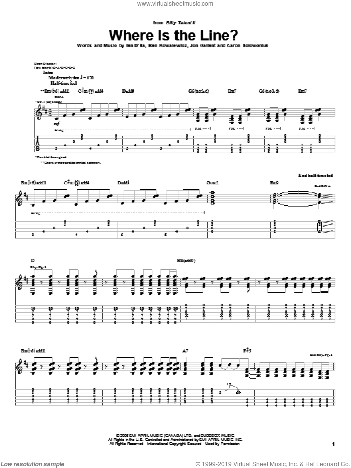Where Is The Line? sheet music for guitar (tablature) by Billy Talent, Aaron Solowoniuk, Ben Kowalewicz and Jon Gallant, intermediate skill level