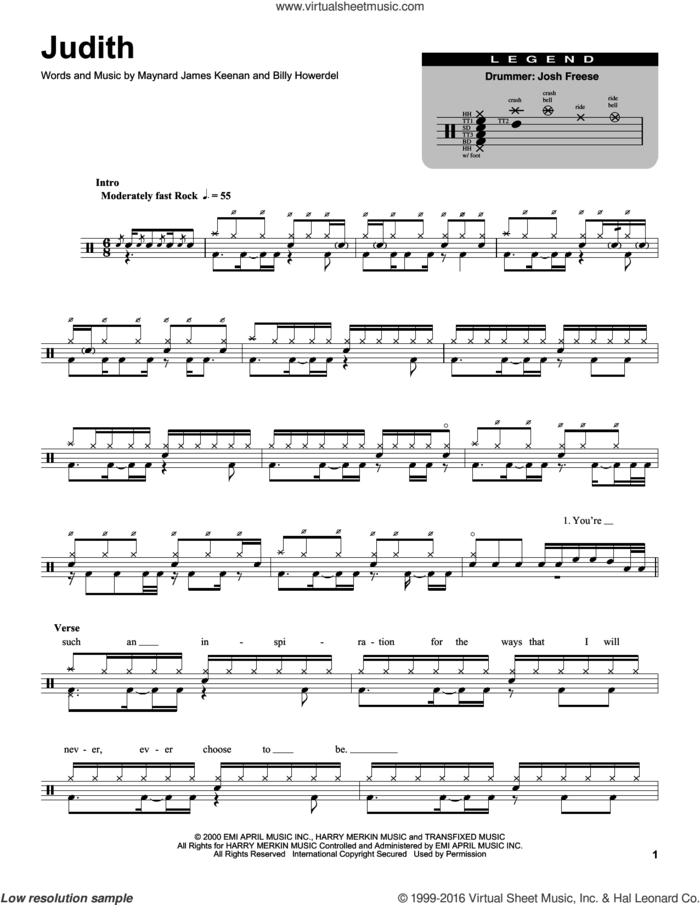 Judith sheet music for drums by A Perfect Circle, Billy Howerdel and Maynard James Keenan, intermediate skill level