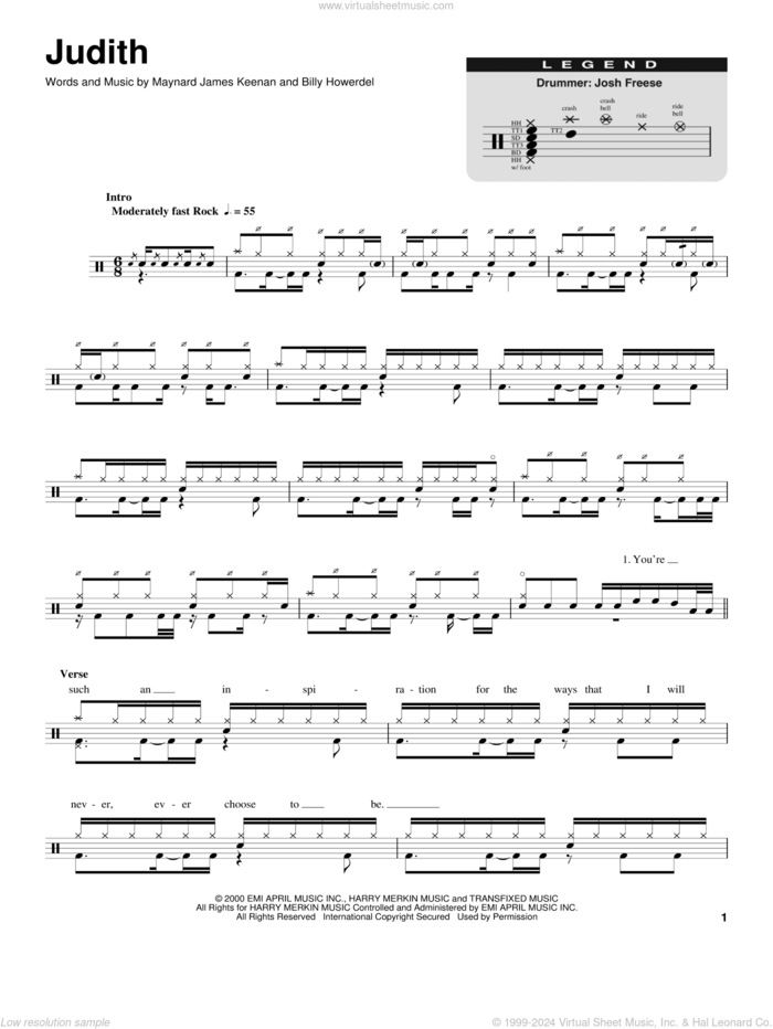 Judith sheet music for drums by A Perfect Circle, Billy Howerdel and Maynard James Keenan, intermediate skill level