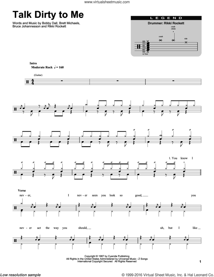 Talk Dirty To Me sheet music for drums by Poison, Bobby Dall, Bret Michaels, C.C. Deville and Rikki Rockett, intermediate skill level