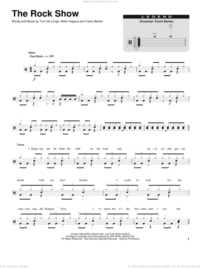 The Rock Show sheet music for drums by Blink 182, Mark Hoppus, Tom DeLonge and Travis Barker, intermediate skill level