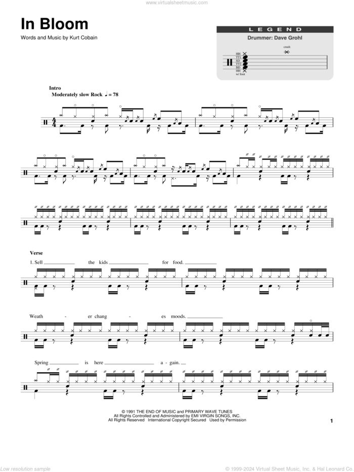 In Bloom sheet music for drums by Nirvana and Kurt Cobain, intermediate skill level