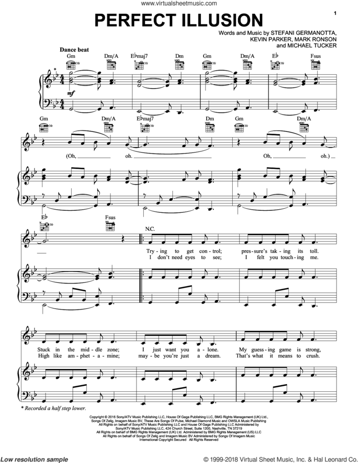 Perfect Illusion sheet music for voice, piano or guitar by Lady Gaga, Kevin Parker, Mark Ronson and Michael Tucker, intermediate skill level