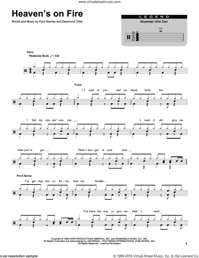 Heaven's On Fire sheet music for drums by KISS, Desmond Child and Paul Stanley, intermediate skill level